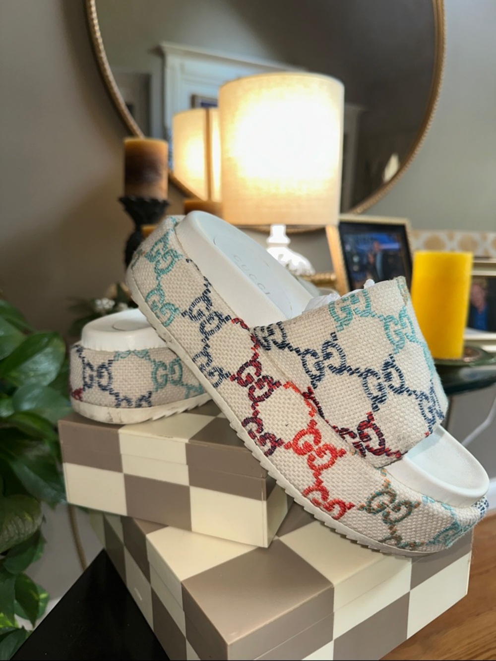 Gucci Multicolor GG Canvas Platform Slides - Ivory Base size 9 used condition 🩵 - Picture 2 of 16